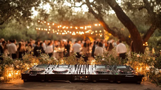 Hochzeitsfeier im Freien mit Lichterketten-Dekor