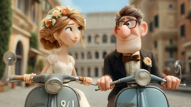 Hochzeitspaaar auf Motorroller vor dem Kolosseum