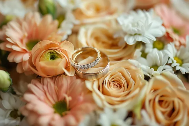 Hochzeitssymbole in Blumenarrangement