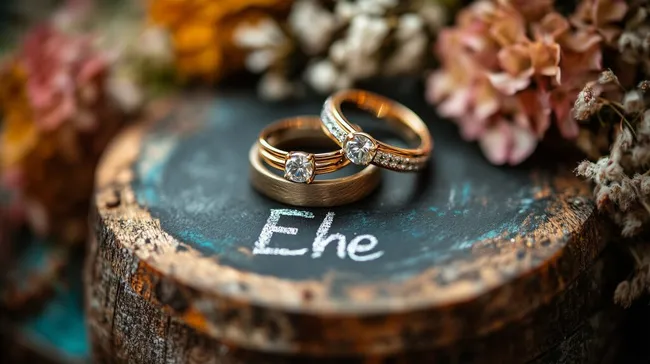 Hochzeitssymbole und Blumenschmuck auf Holzscheibe