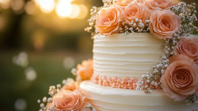 Hochzeitstorte mit Rosenblüten im Sonnenuntergang