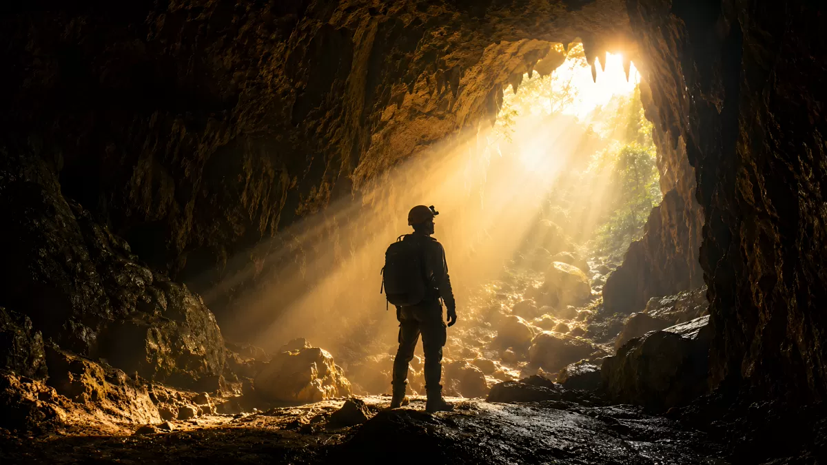 Höhlenforscher steht im Gegenlicht eines Höhleneingangs