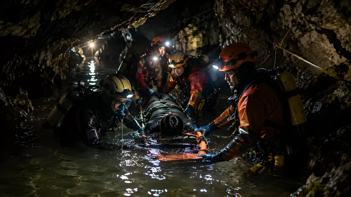 Höhlenrettung im Wasser – Einsatzkräfte bergen Verunglückten