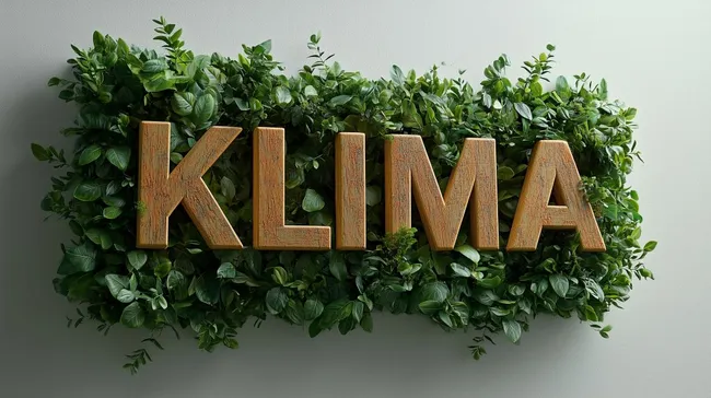 Hölzerne Klima-Buchstaben eingebettet in üppige Blätterkulisse