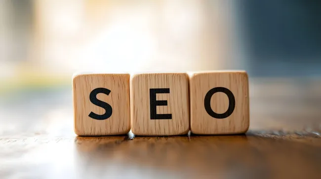 Hölzerne SEO-Würfel auf rustikalem Untergrund