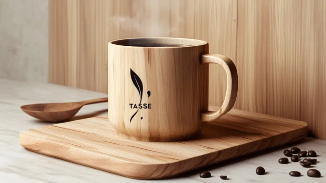Hölzerne Tasse mit Blattlogo auf Holzbrett und Kaffeebohnen