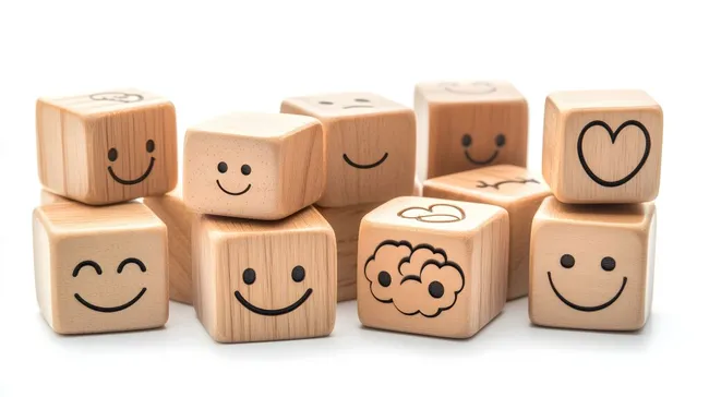 Hölzerne Würfel mit lächelnden Gesichtern und Gehirnsymbol