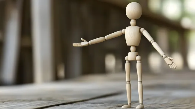 Hölzerne Zeichenfigur in ruhiger Pose