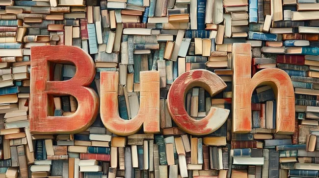 Hölzerner Buchtitel vor Vintage-Bücherwand