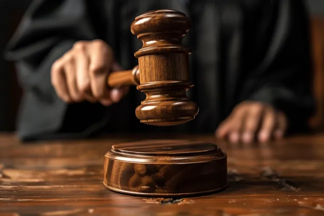 Hölzerner Gerichtshammer auf Holztisch