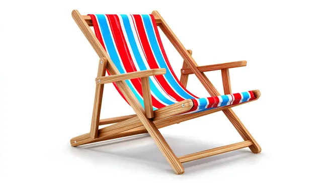 Hölzerner, gestreifter Strandstuhl auf weißem Hintergrund