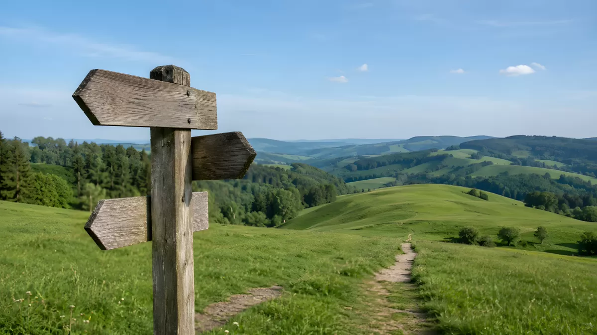 Hölzerner Wegweiser auf grüner Hügellandschaft