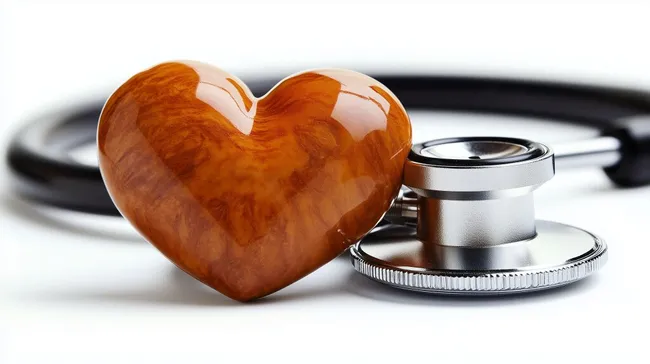 Hölzernes Herz mit Stethoskop - Symbol der Gesundheit