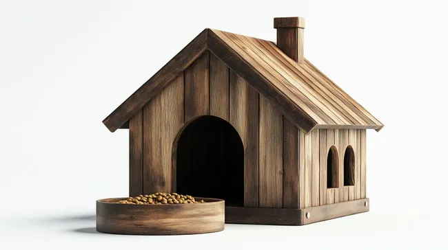 Hölzernes Hundehüttchen mit Futter-Napf