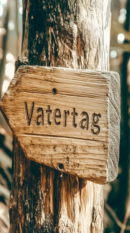 Hölzernes Schild mit der Aufschrift 'Vatertag' im Wald