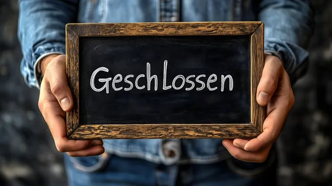 Hölzernes Tafel-Schild mit Aufschrift 'Geschlossen' in Händen gehalten