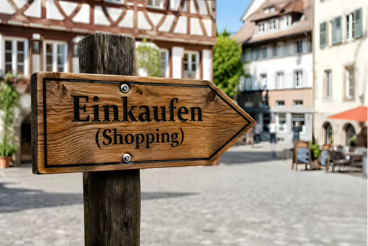 Hölzernes Wegweiserschild Einkaufen in Altstadt