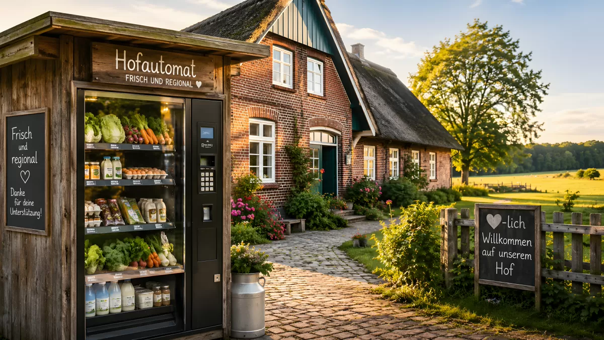 Hofautomat mit frischem Gemüse vor altem Bauernhof