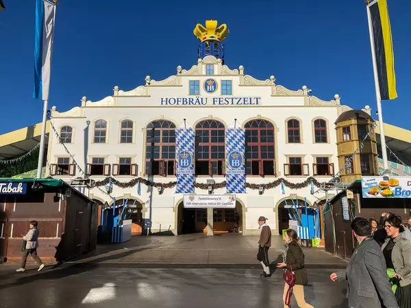 Hofbräu tent at Oktoberfest - outside perspective of the main entrance