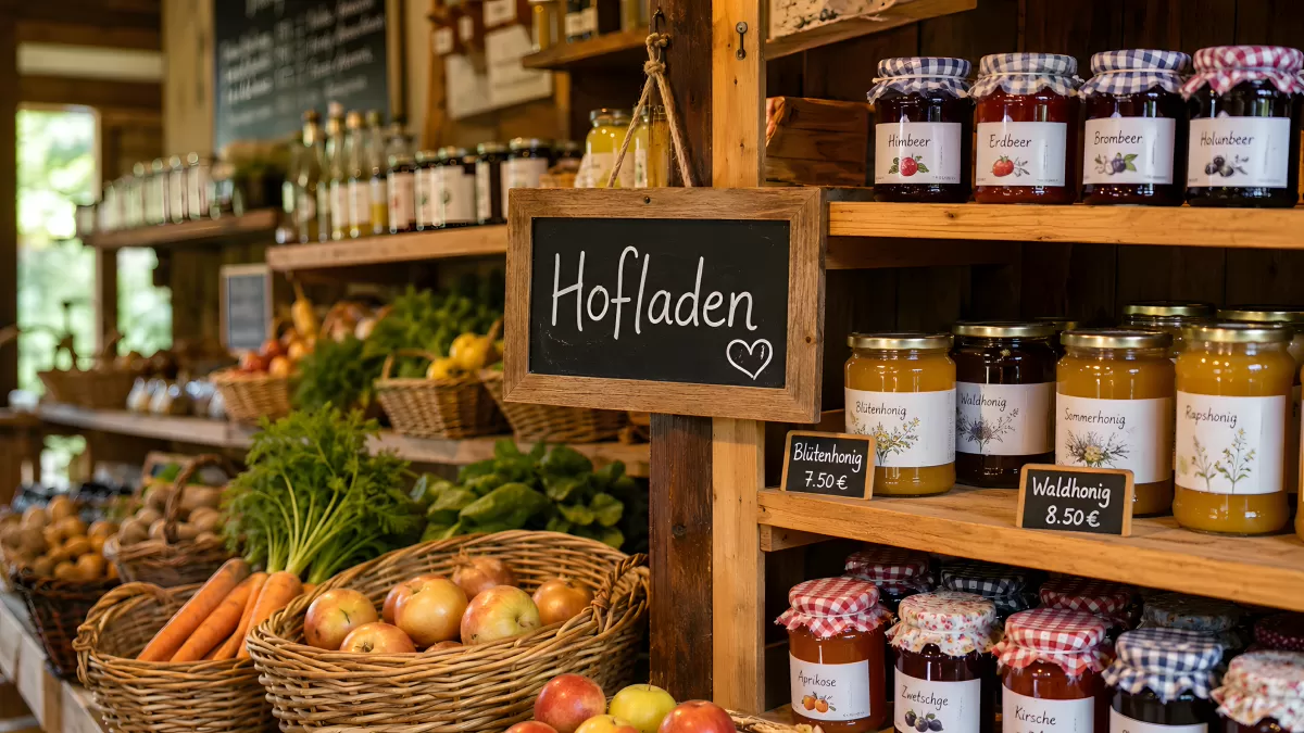 Hofladen mit Honig, Marmelade und frischem Gemüse