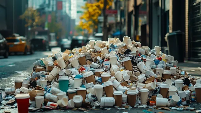 Hoher Berg aus Einweg-Kaffeebecher in urbaner Straßenszene