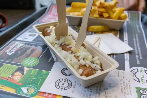 Holländische Spezialität Frikandel mit Zwiebeln und Pommes Frites aus Imbissbude in den Niederlanden