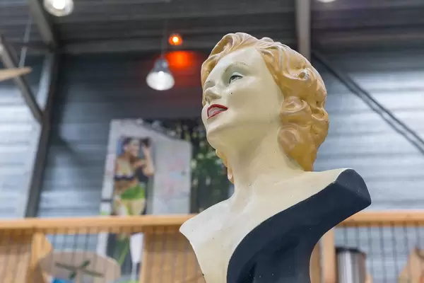 Hollywood icon and famous actress Marilyn Monroe portrayed as  bust, exhibited at the Barcamp in Koblenz and Bonn