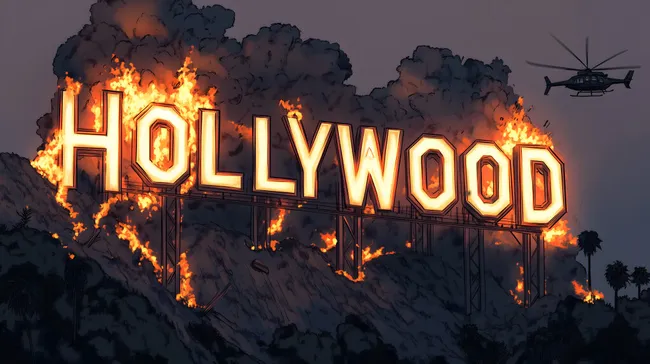 Hollywood-Schild in Flammen bei Nacht