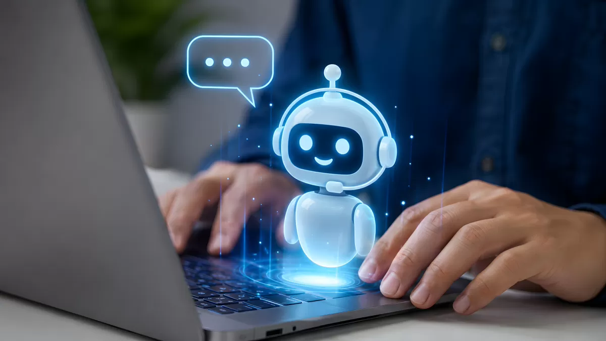 Holografischer Chatbot schwebt über Laptop-Tastatur