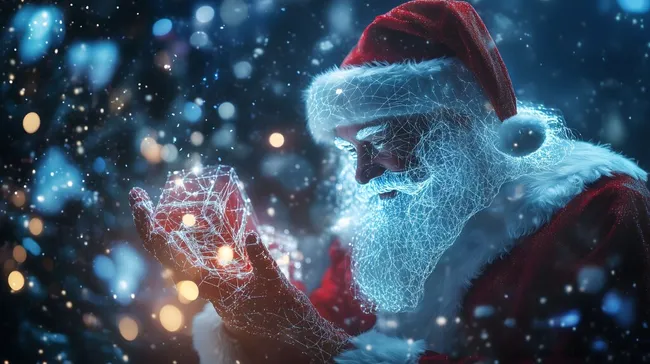 Holografischer Weihnachtsmann mit leuchtendem Geschenk