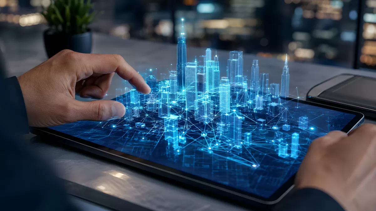 Holografisches Stadtmodell auf digitalem Tablet