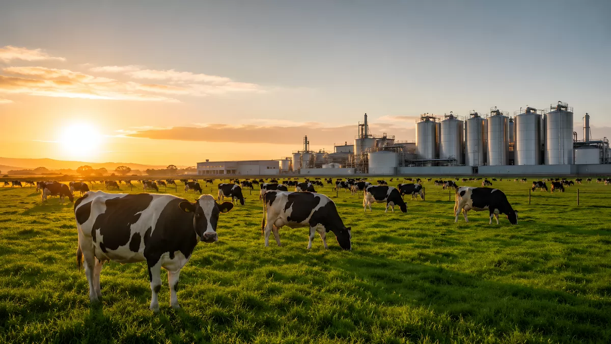 Holsteiner Kühe auf Weide vor Molkerei im Sonnenuntergang