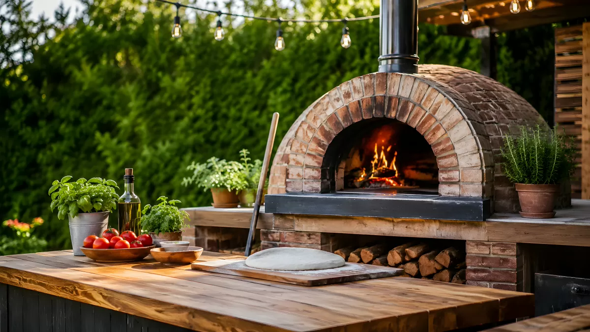Holzbackofen im Garten mit frischen Zutaten