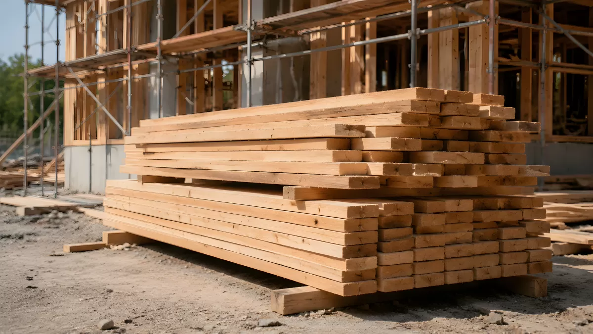 Holzbalken auf Baustelle vor Rohbau mit Gerüst