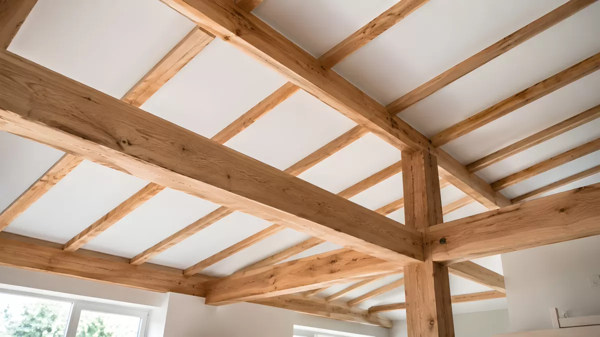 Holzbalkendecke mit weißen Zwischenfeldern von unten