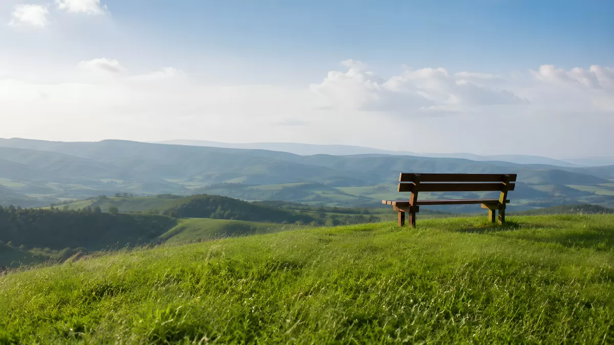Holzbank auf grünem Hügel mit weitem Panoramablick