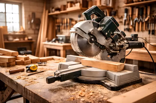 Holzbearbeitungswerkstatt mit Säge und Werkzeugzubehör