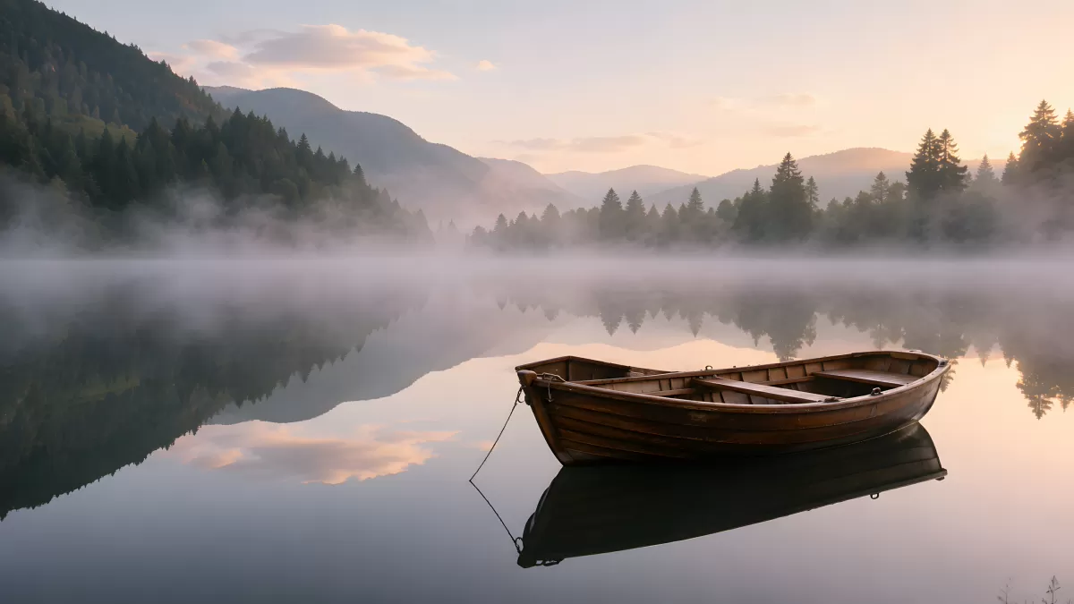 Holzboot auf nebligem Bergsee im Morgenlicht