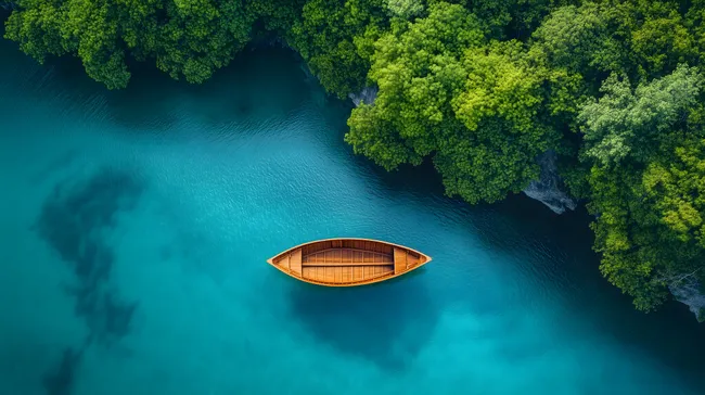 Holzboot auf türkisblauem Gewässer in tropischer Umgebung