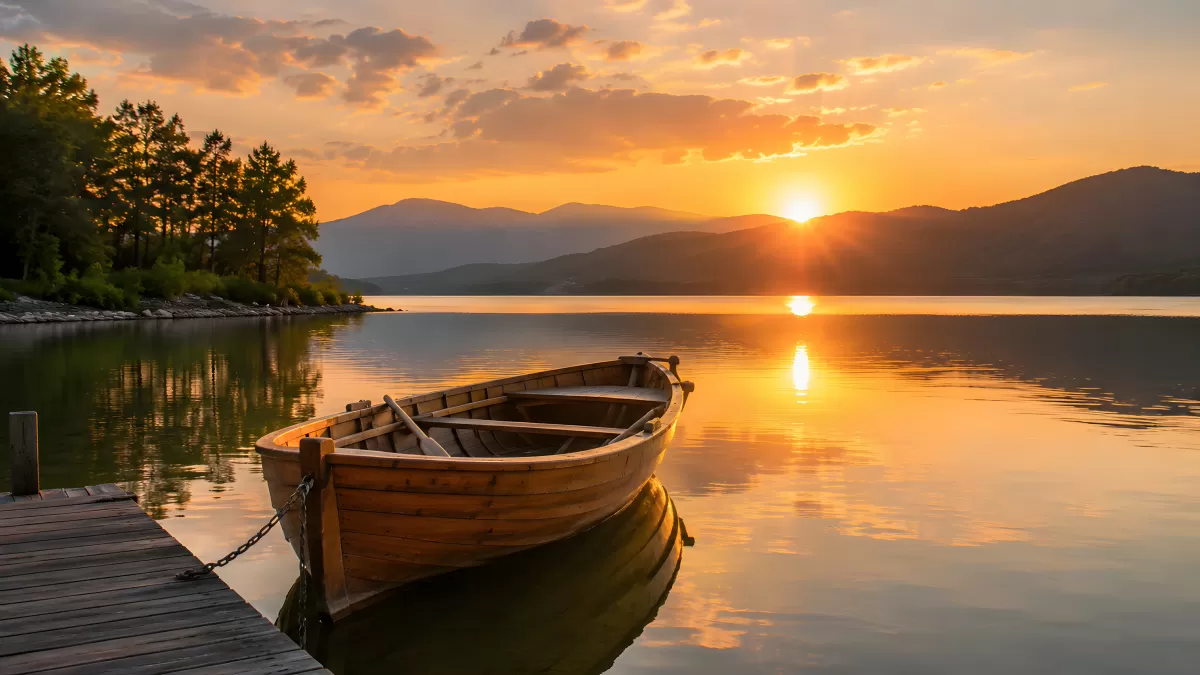 Holzboot bei Sonnenuntergang an einem ruhigen See