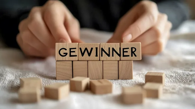 Holzbuchstaben formen das Wort 'Gewinner' in Nahaufnahme