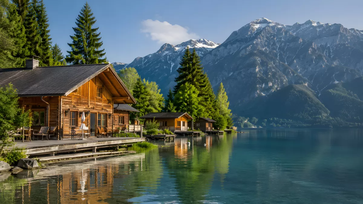 Holzchalet am Bergsee mit Alpenkulisse im Sommer