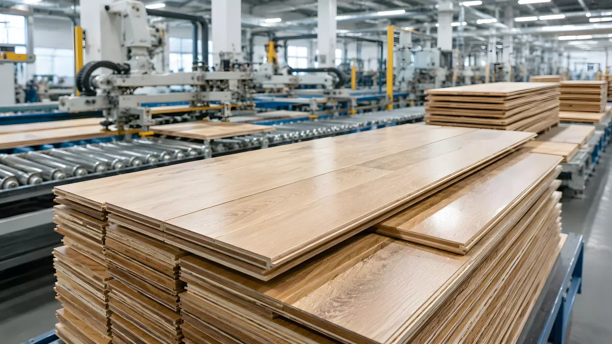 Holzdielen-Produktion in moderner Fabrikhalle