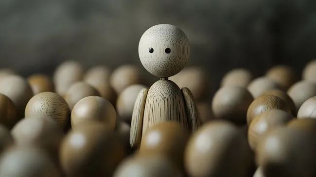 Holzfigur inmitten einer Gruppe ähnlicher Objekte