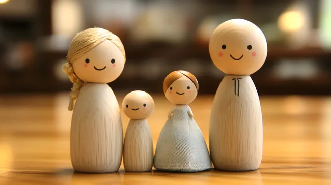 Holzfiguren-Familie auf warmer Oberfläche