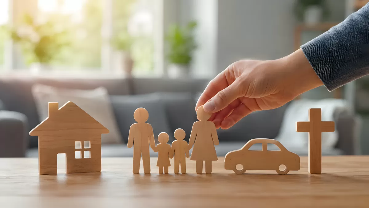 Holzfiguren Familie mit Haus Auto und Kreuz
