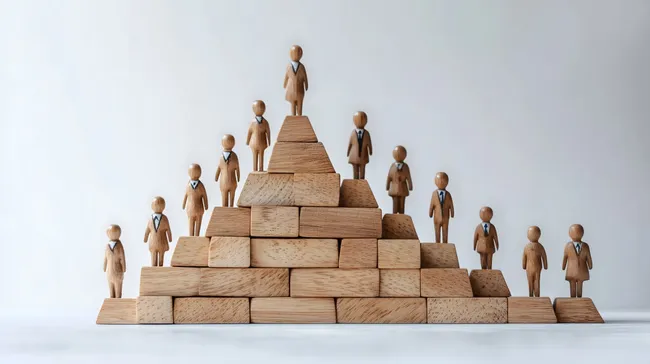 Holzfiguren in Geschäftskleidung auf Bauklotzpyramide