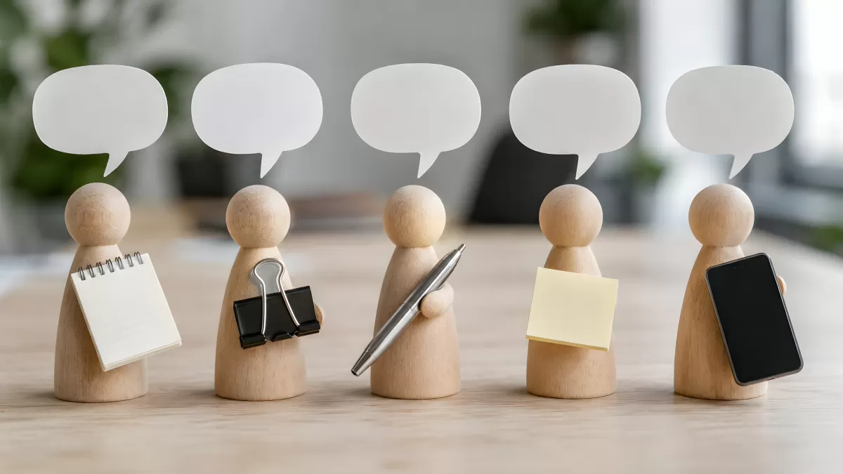 Holzfiguren mit Sprechblasen und Bürobedarf