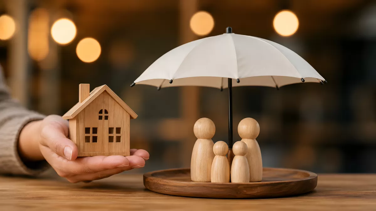 Holzfiguren unter Schirm mit Miniaturhaus in Hand