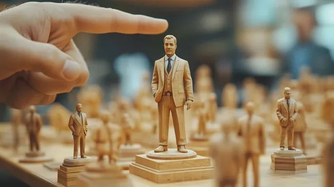 Holzfiguren von Geschäftsleuten und einem Anführer